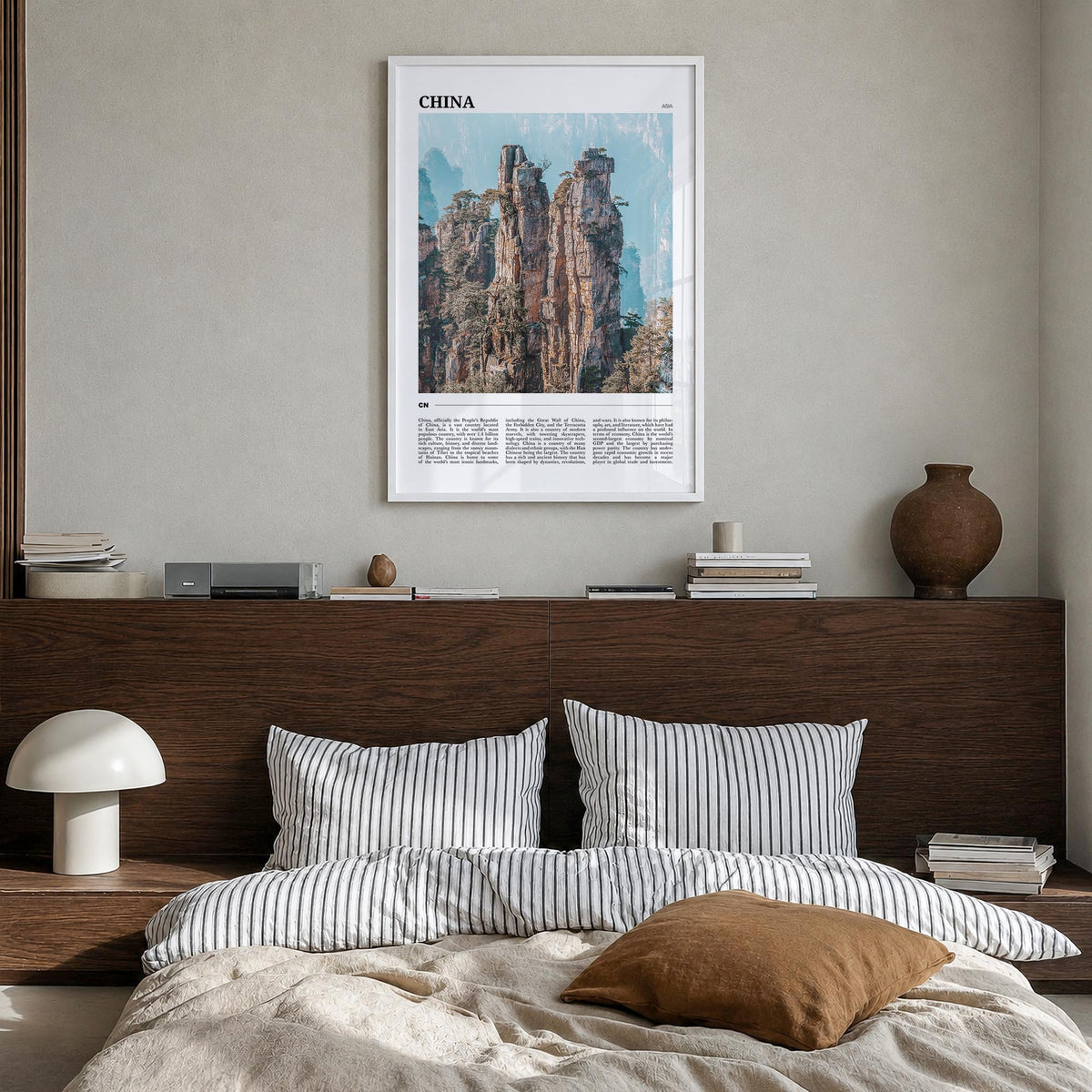 China colorful travel poster of Asia – vertical wall art in white wood frame, hanging on wall