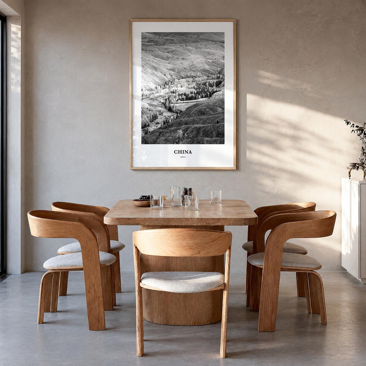 China no. 1 black & white classic poster of Asia – vertical wall art in natural wood frame, hanging on wall