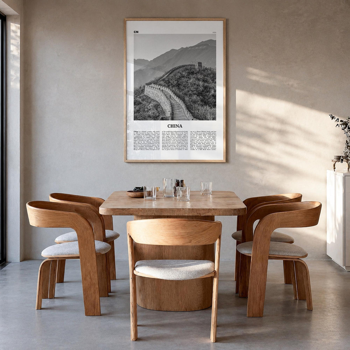 China no. 1 black & white newspaper poster of Asia – vertical wall art in natural wood frame, hanging on wall