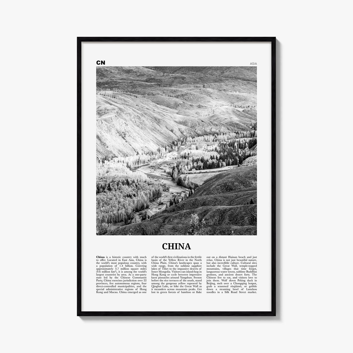 China no. 2 black & white newspaper poster of Asia – vertical wall art, unframed print shown in interior mockup