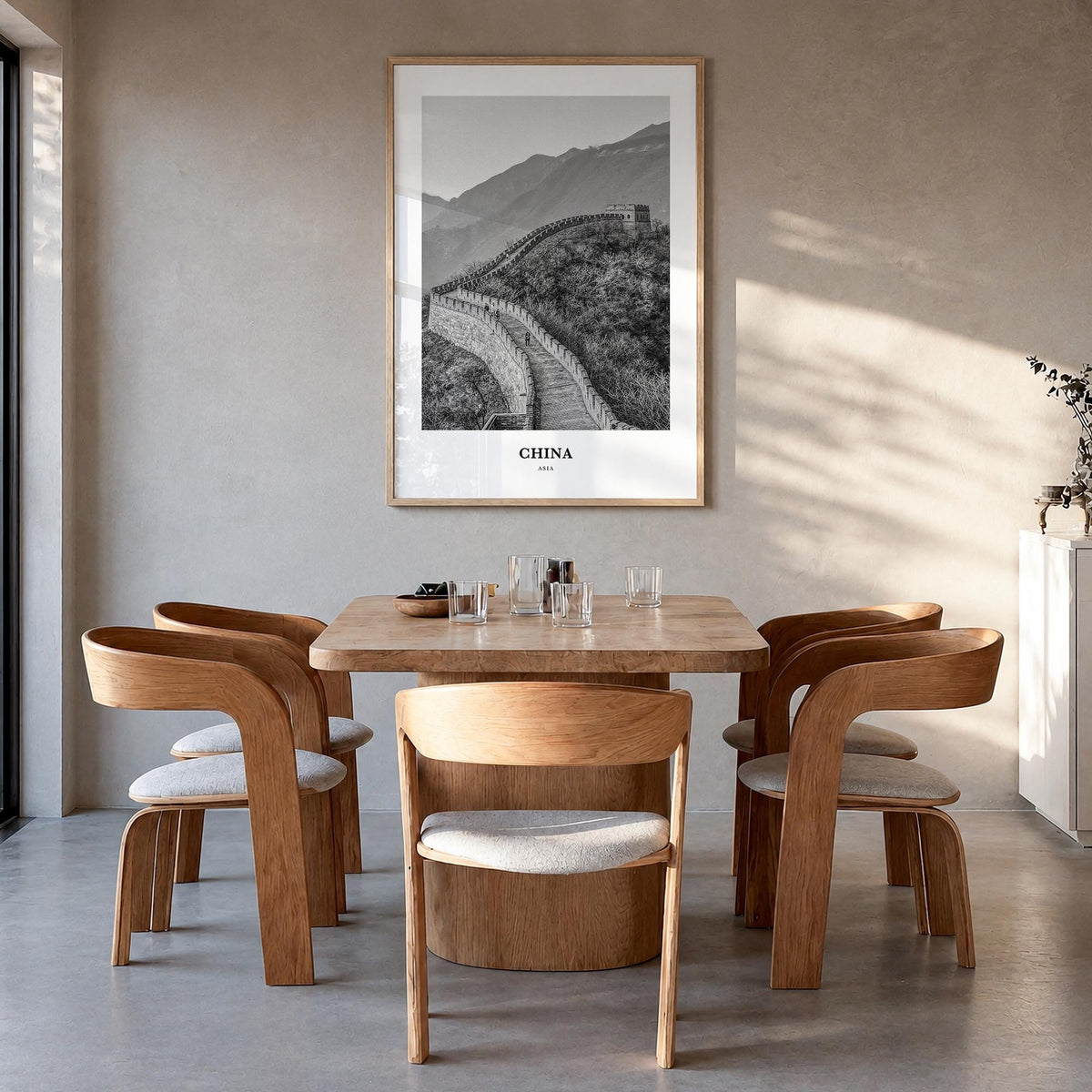 China no. 3 black & white classic poster of Asia – vertical wall art in natural wood frame, hanging on wall