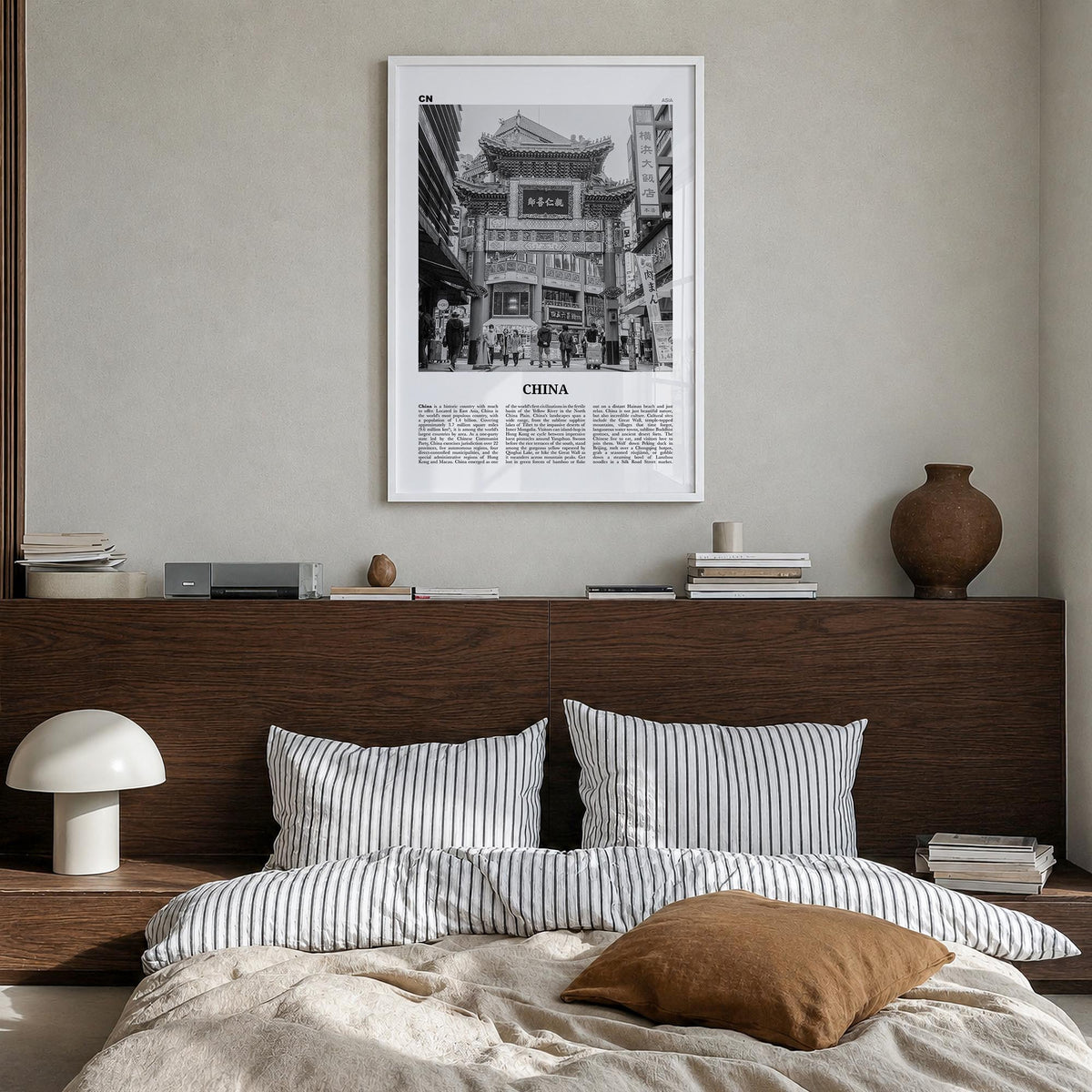 China no. 3 black & white newspaper poster of Asia – vertical wall art in white wood frame, hanging on wall