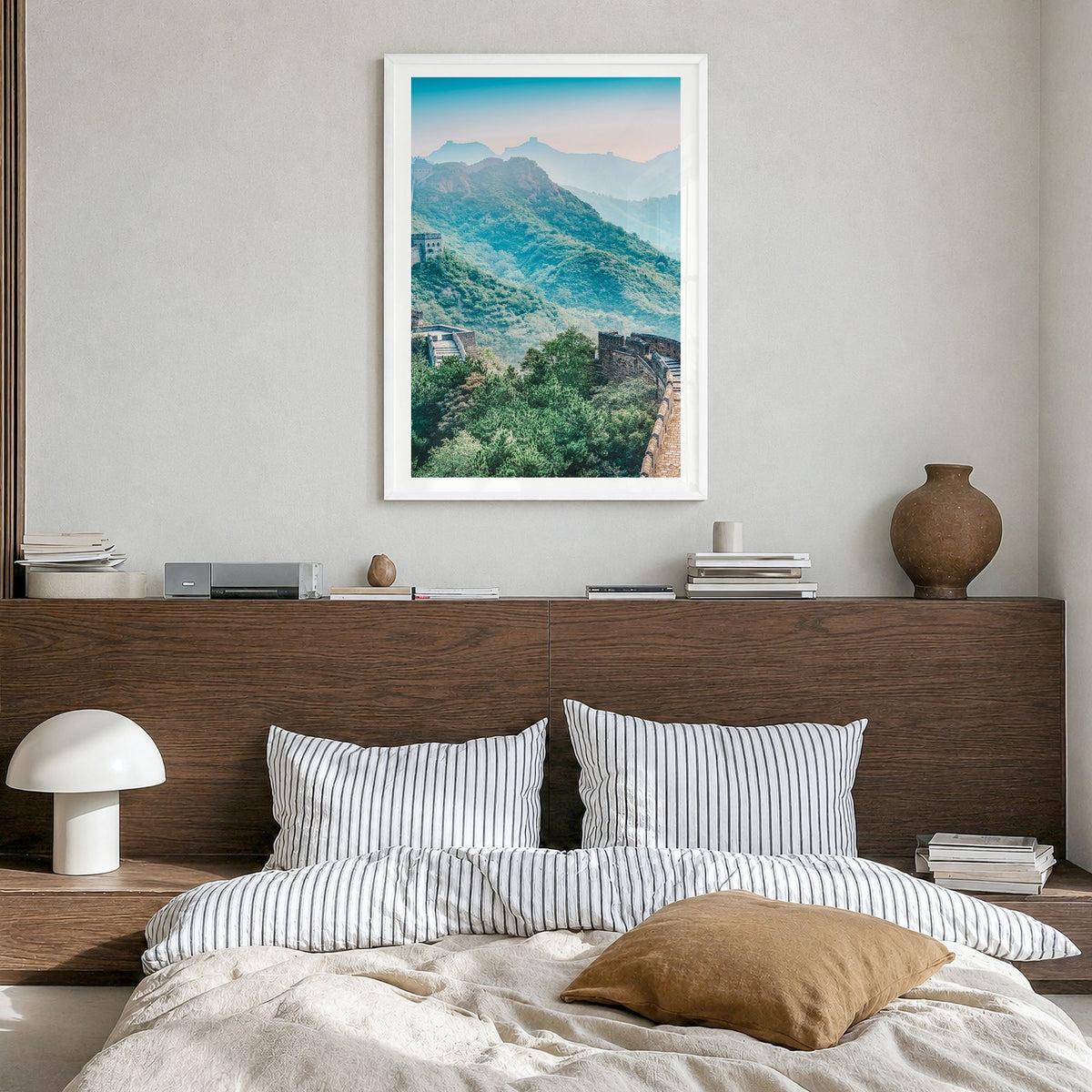 China Photo Poster in a white wood frame, hanging in a bedroom, white border