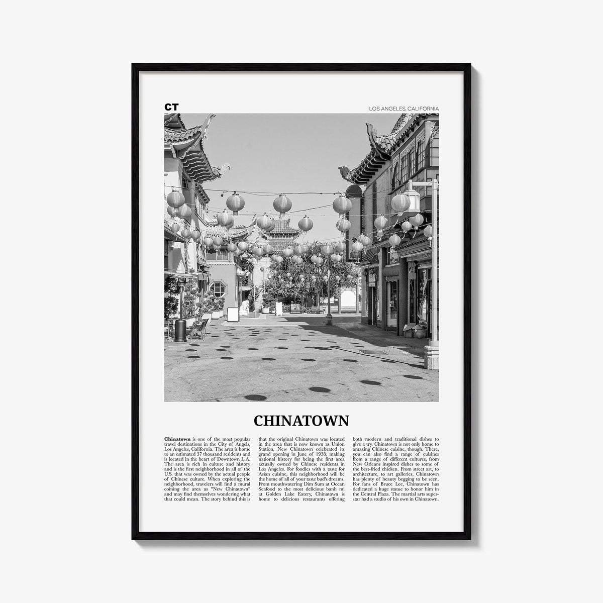 Chinatown, Los Angeles black & white newspaper poster of California, USA – vertical wall art, unframed print shown in interio