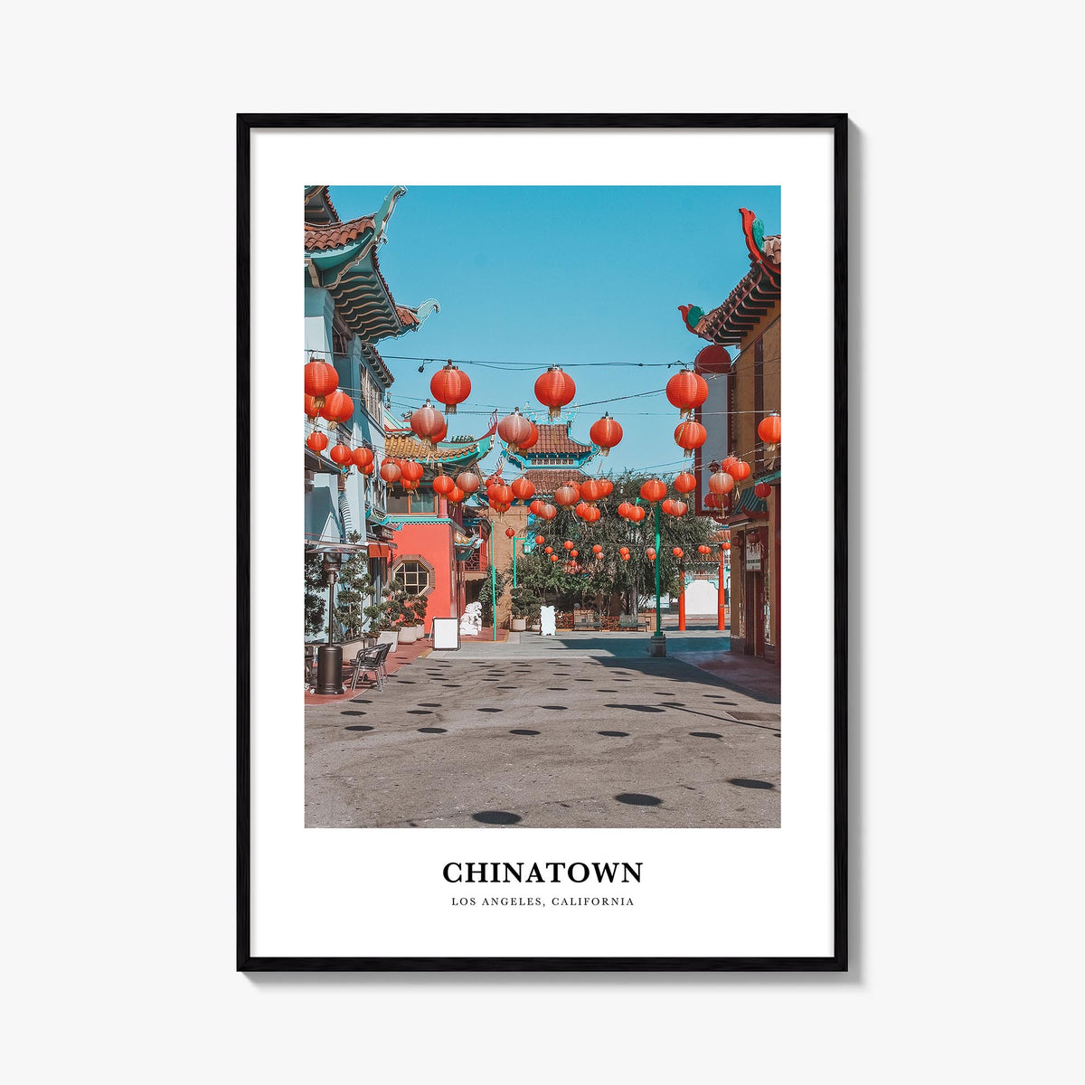 Chinatown, Los Angeles colorful classic poster of California, USA – vertical wall art, unframed print shown in interior mocku
