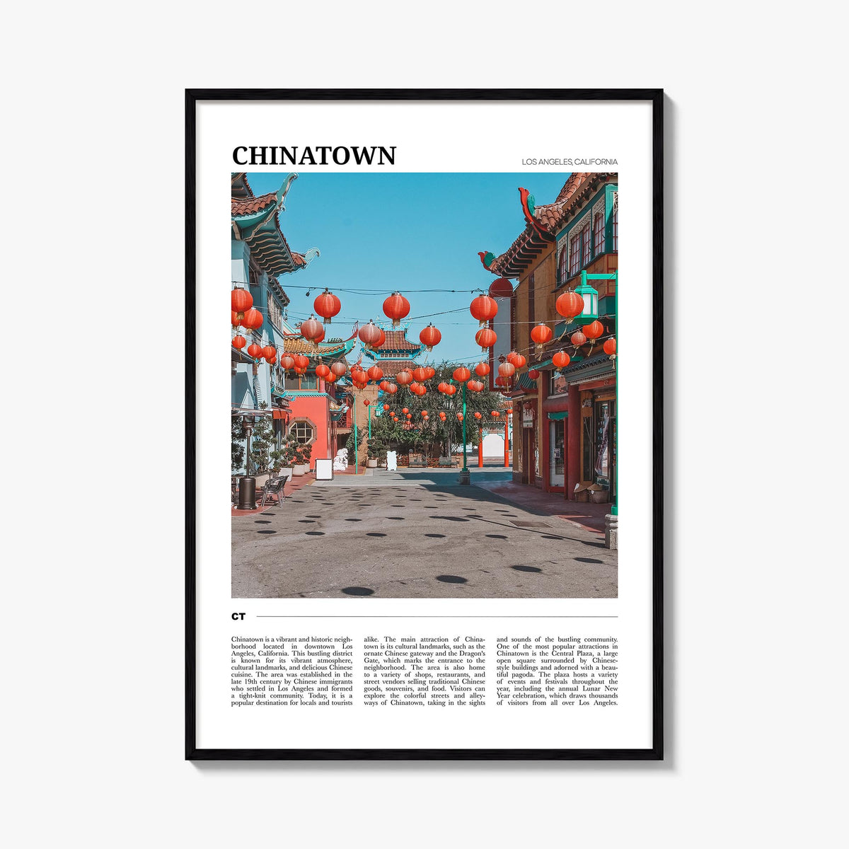 Chinatown, Los Angeles colorful travel poster of California, USA – vertical wall art, unframed print shown in interior mockup