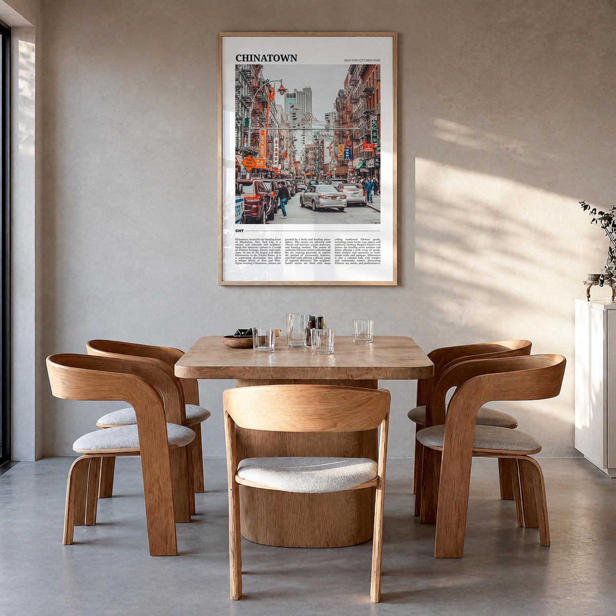 Chinatown, New York City colorful travel poster of New York, USA – vertical wall art in natural wood frame, hanging on wall