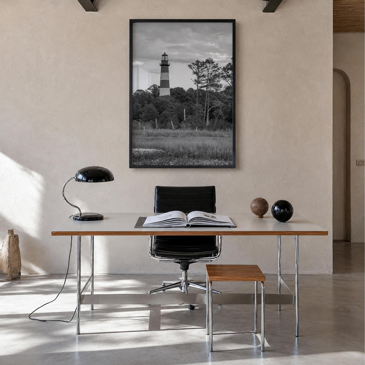 Chincoteague black & white photo poster of Virginia, USA – vertical wall art in black wood frame, hanging on wall