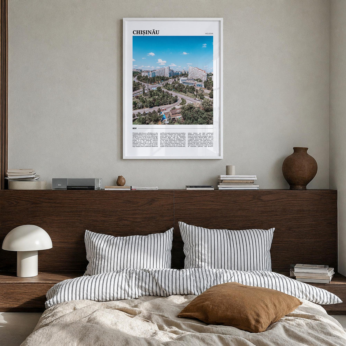 Chișinău colorful travel poster of Moldova – vertical wall art in white wood frame, hanging on wall
