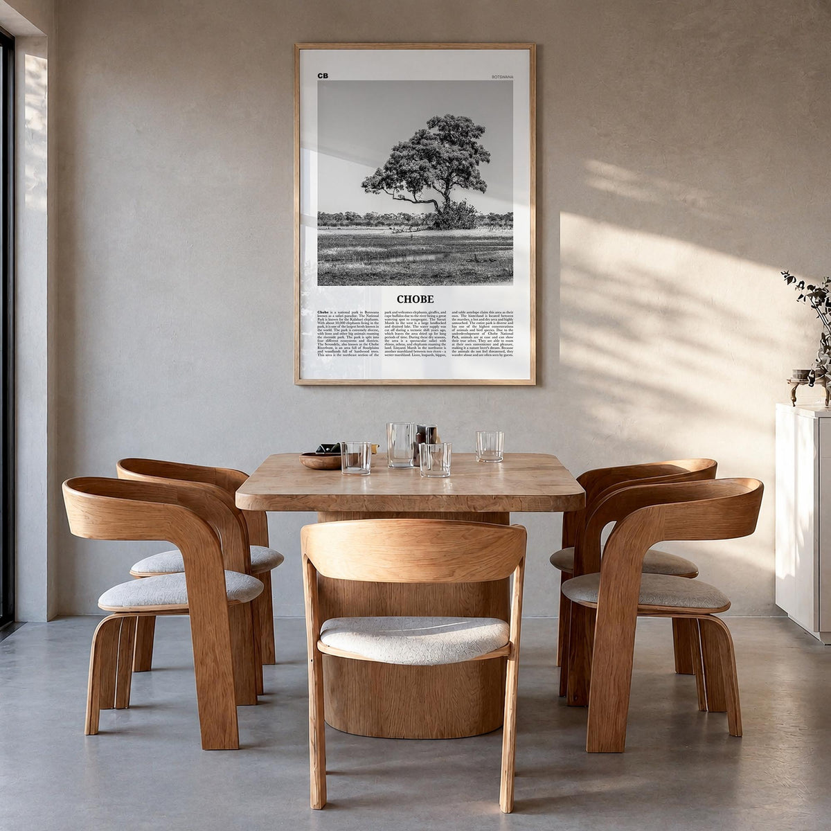 Chobe National Park black & white newspaper poster of Botswana – vertical wall art in natural wood frame, hanging on wall