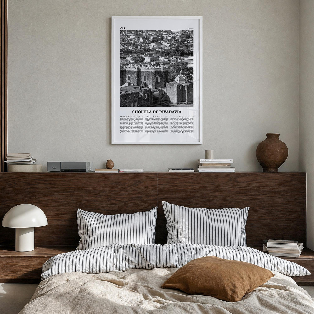 Cholula de Rivadavia black & white newspaper poster of Mexico – vertical wall art in white wood frame, hanging on wall