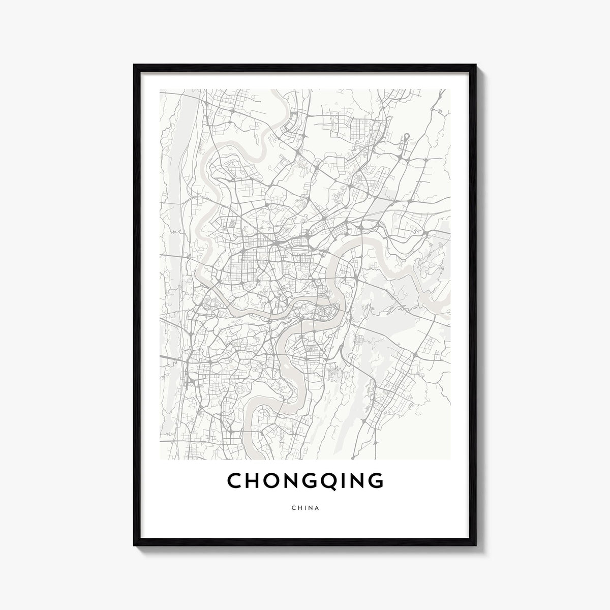 Chongqing black & white map poster of China – vertical wall art, unframed print shown in interior mockup