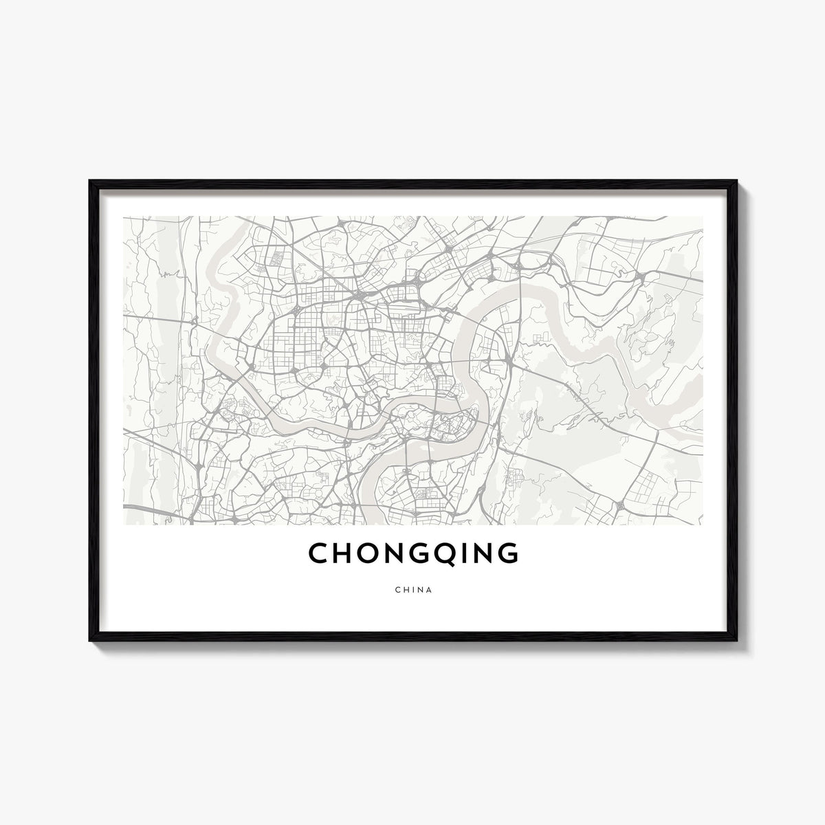 Chongqing black & white map poster of China – horizontal wall art, unframed print shown in interior mockup