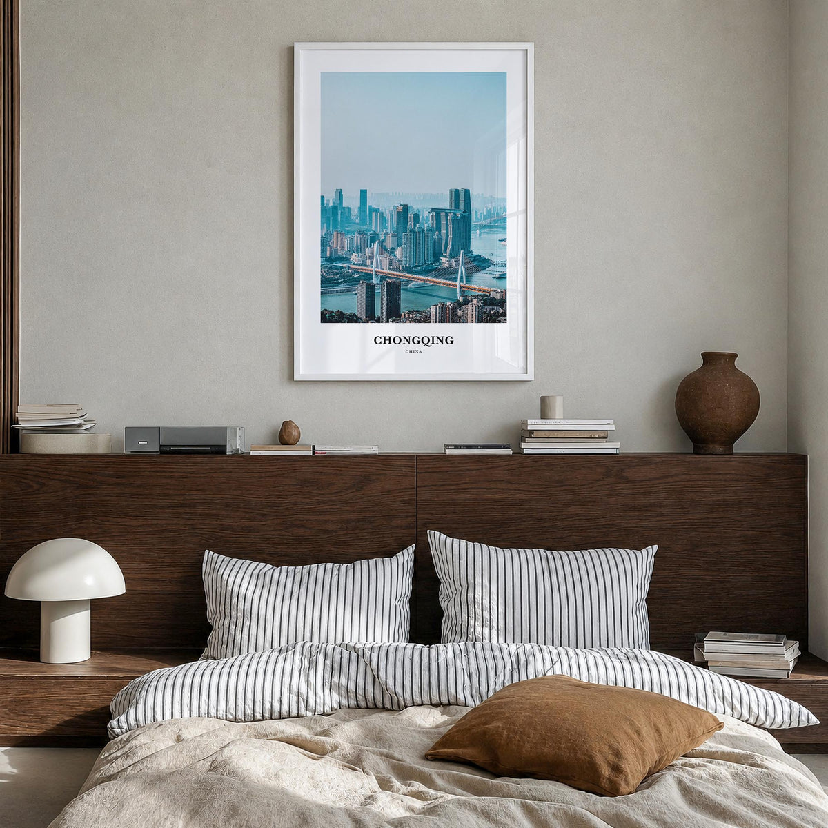Chongqing colorful classic poster of China – vertical wall art in white wood frame, hanging on wall