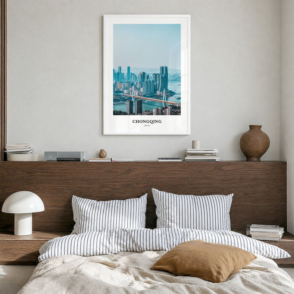 Chongqing Classic Poster in a white wood frame, hanging in a bedroom
