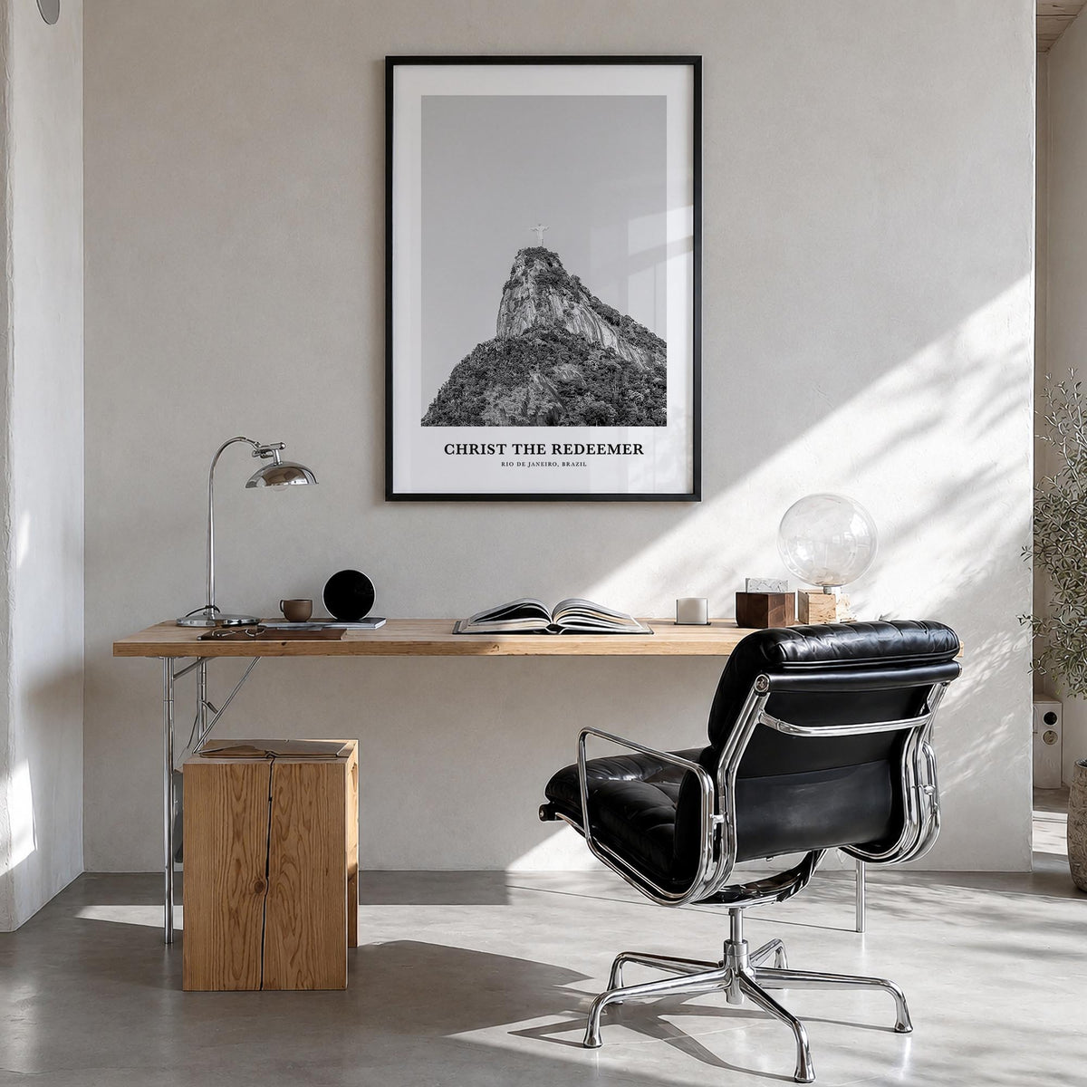 Christ the Redeemer black & white classic poster of Brazil – vertical wall art in black wood frame, hanging on wall