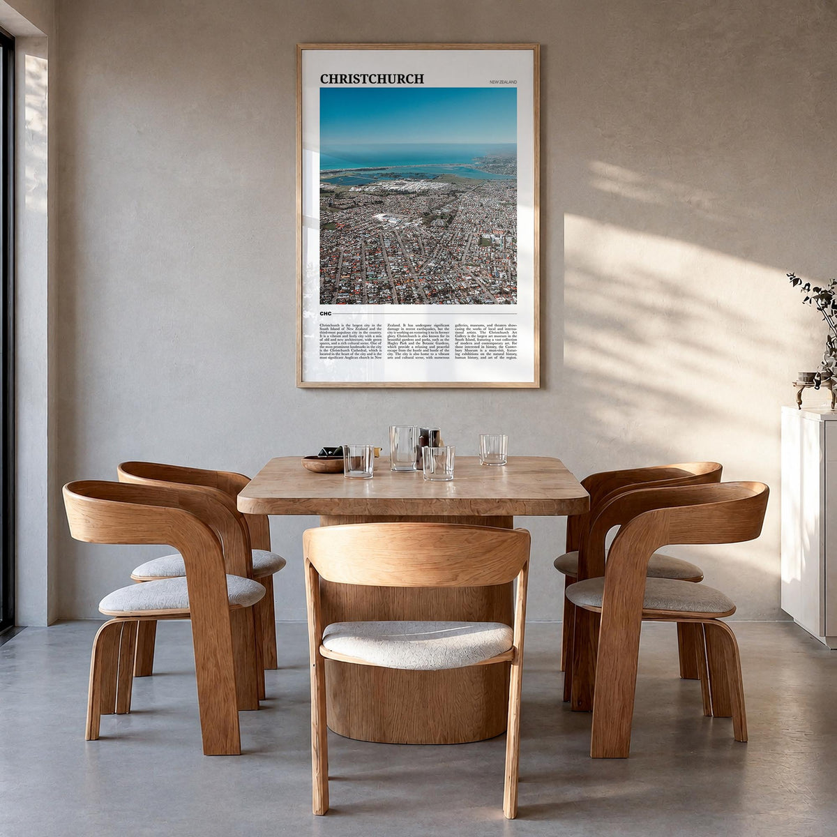 Christchurch colorful travel poster of New Zealand – vertical wall art in natural wood frame, hanging on wall