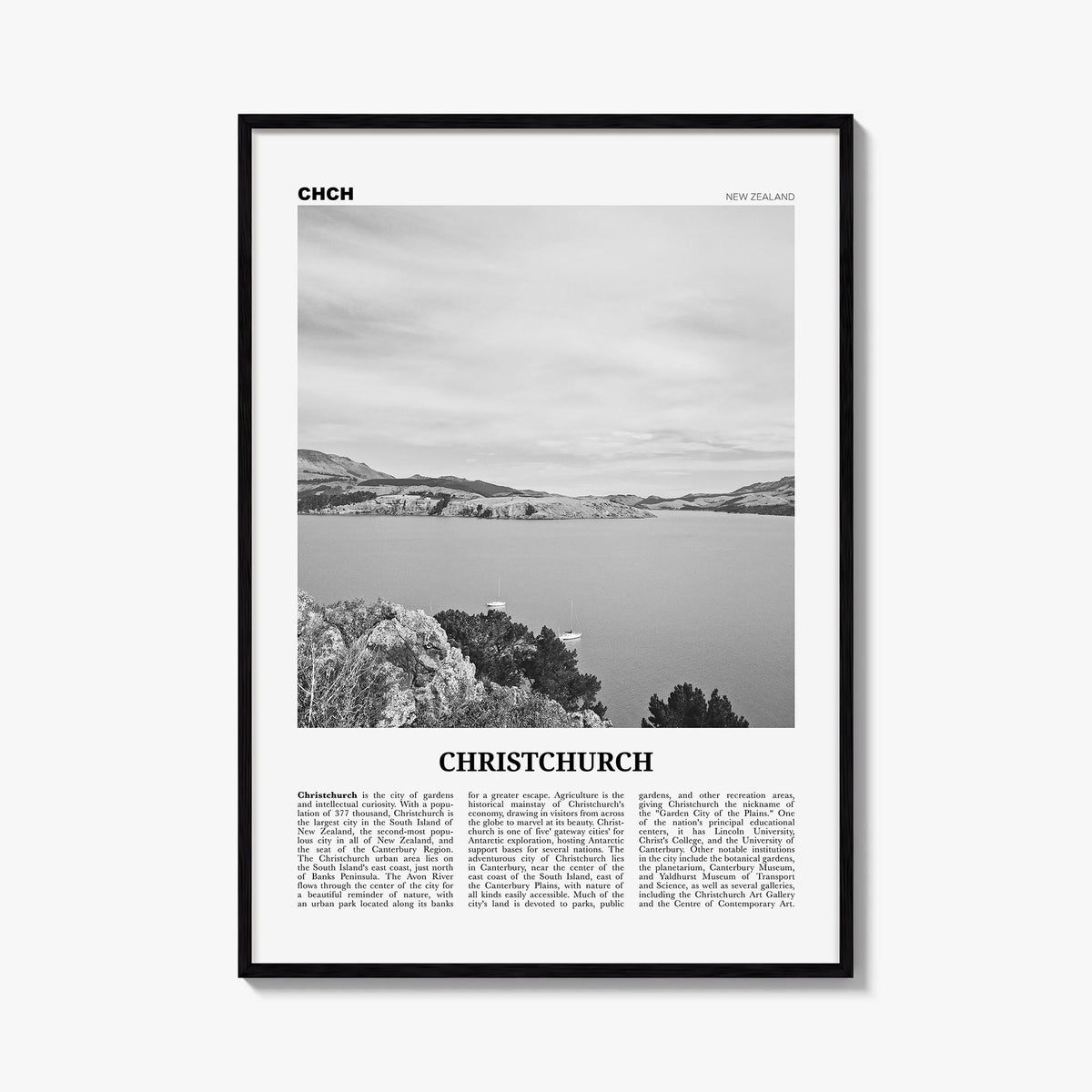 Christchurch no. 1 black & white newspaper poster of New Zealand – vertical wall art, unframed print shown in interior mockup