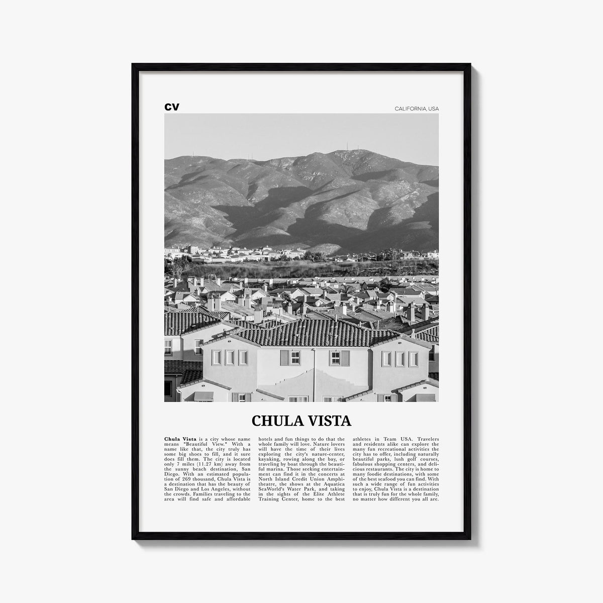 Chula Vista black & white newspaper poster of California, USA – vertical wall art, unframed print shown in interior mockup
