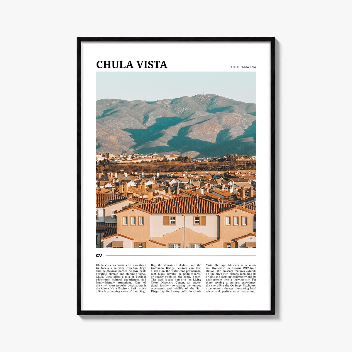 Chula Vista colorful travel poster of California, USA – vertical wall art, unframed print shown in interior mockup