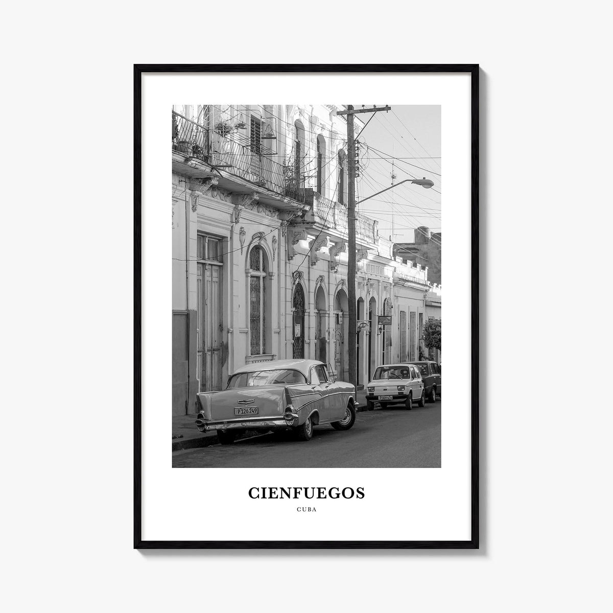 Cienfuegos black & white classic poster of Cuba – vertical wall art, unframed print shown in interior mockup