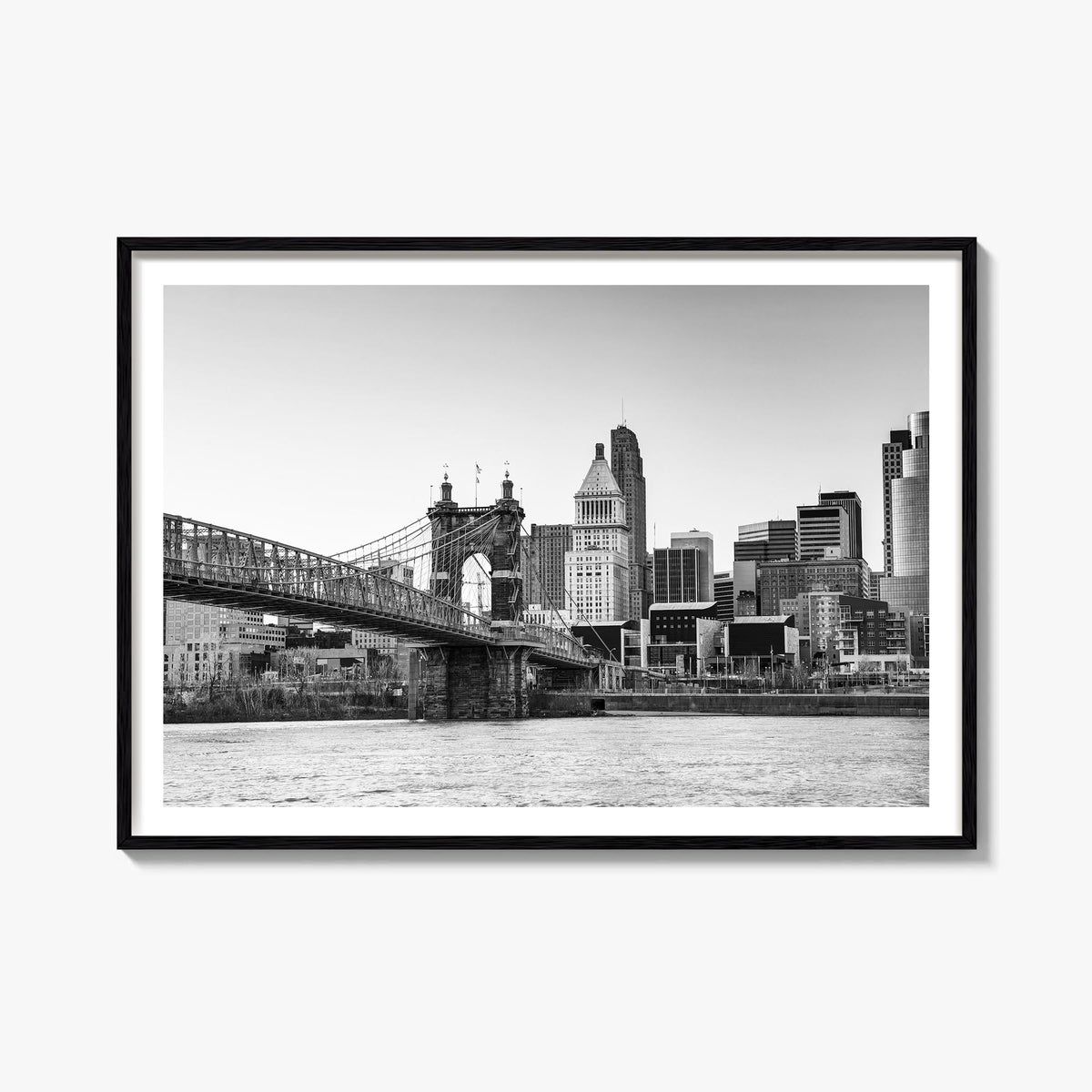 Cincinnati black & white photo poster of Ohio, USA – horizontal wall art, unframed print shown in interior mockup