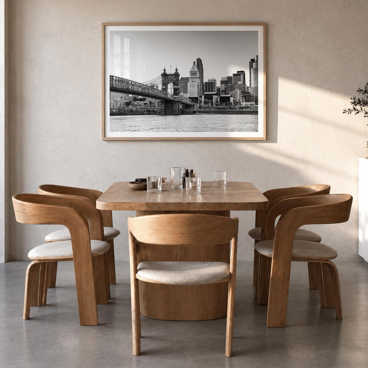 Cincinnati black & white photo poster of Ohio, USA – horizontal wall art in natural wood frame with white border, hanging on