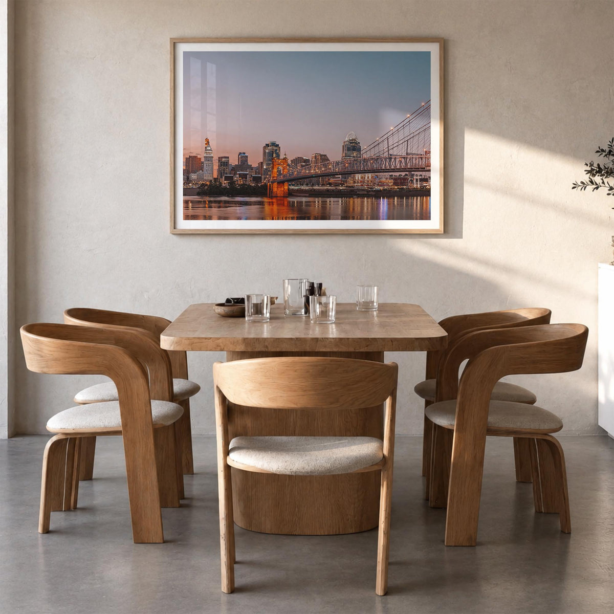 Cincinnati colorful photo poster of Ohio, USA – horizontal wall art in natural wood frame with white border, hanging on wall