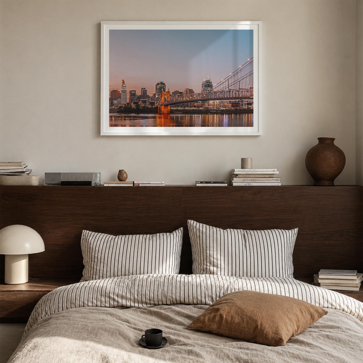 Cincinnati colorful photo poster of Ohio, USA – horizontal wall art in white wood frame with white border, hanging on wall