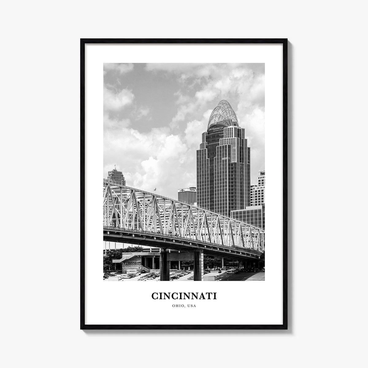Cincinnati no. 1 black & white classic poster of Ohio, USA – vertical wall art, unframed print shown in interior mockup
