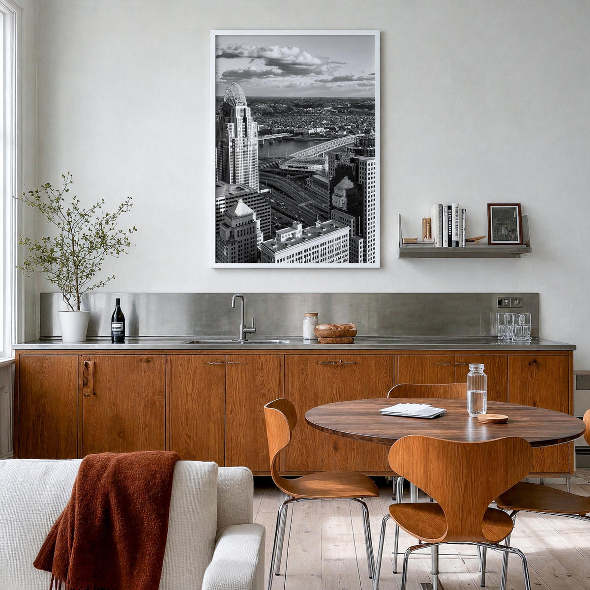Cincinnati no. 1 black & white photo poster of Ohio, USA – vertical wall art in white wood frame, hanging on wall