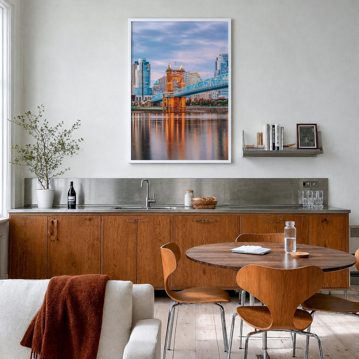 Cincinnati no. 1 colorful photo poster of Ohio, USA – vertical wall art in white wood frame, hanging on wall