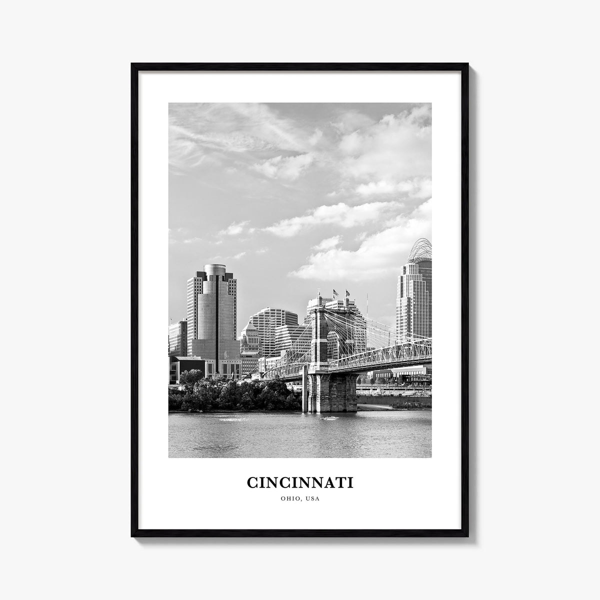 Cincinnati no. 2 black & white classic poster of Ohio, USA – vertical wall art, unframed print shown in interior mockup