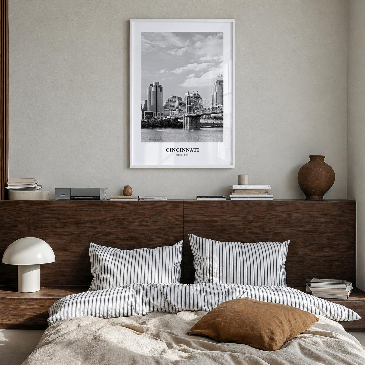 Cincinnati no. 2 black & white classic poster of Ohio, USA – vertical wall art in white wood frame, hanging on wall
