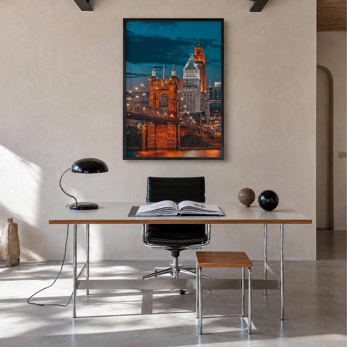 Cincinnati no. 2 colorful photo poster of Ohio, USA – vertical wall art in black wood frame, hanging on wall