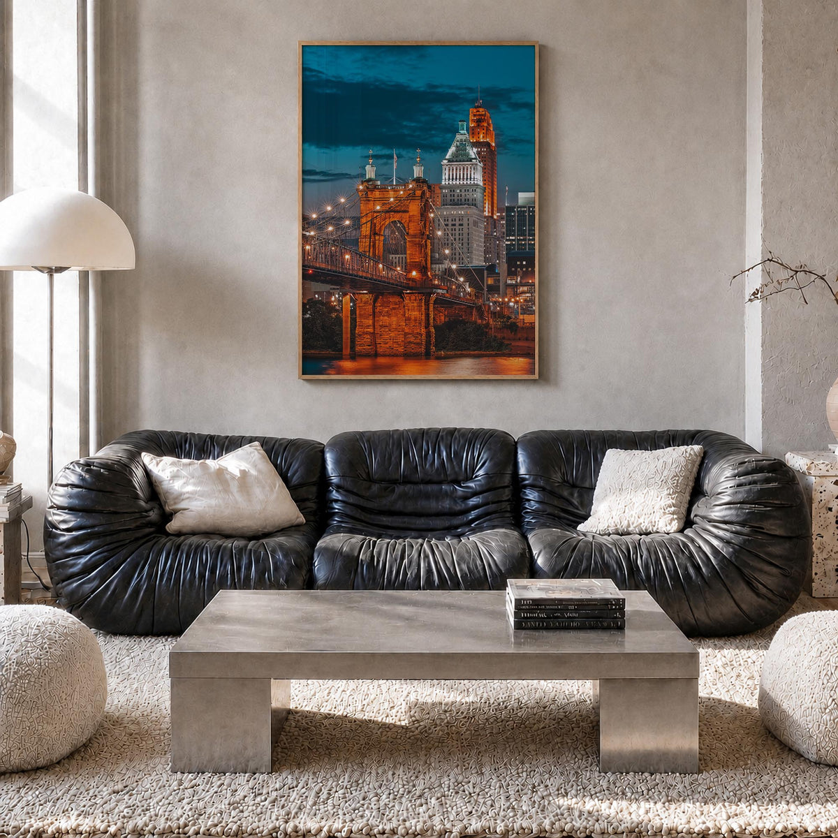 Cincinnati no. 2 colorful photo poster of Ohio, USA – vertical wall art in natural wood frame, hanging on wall