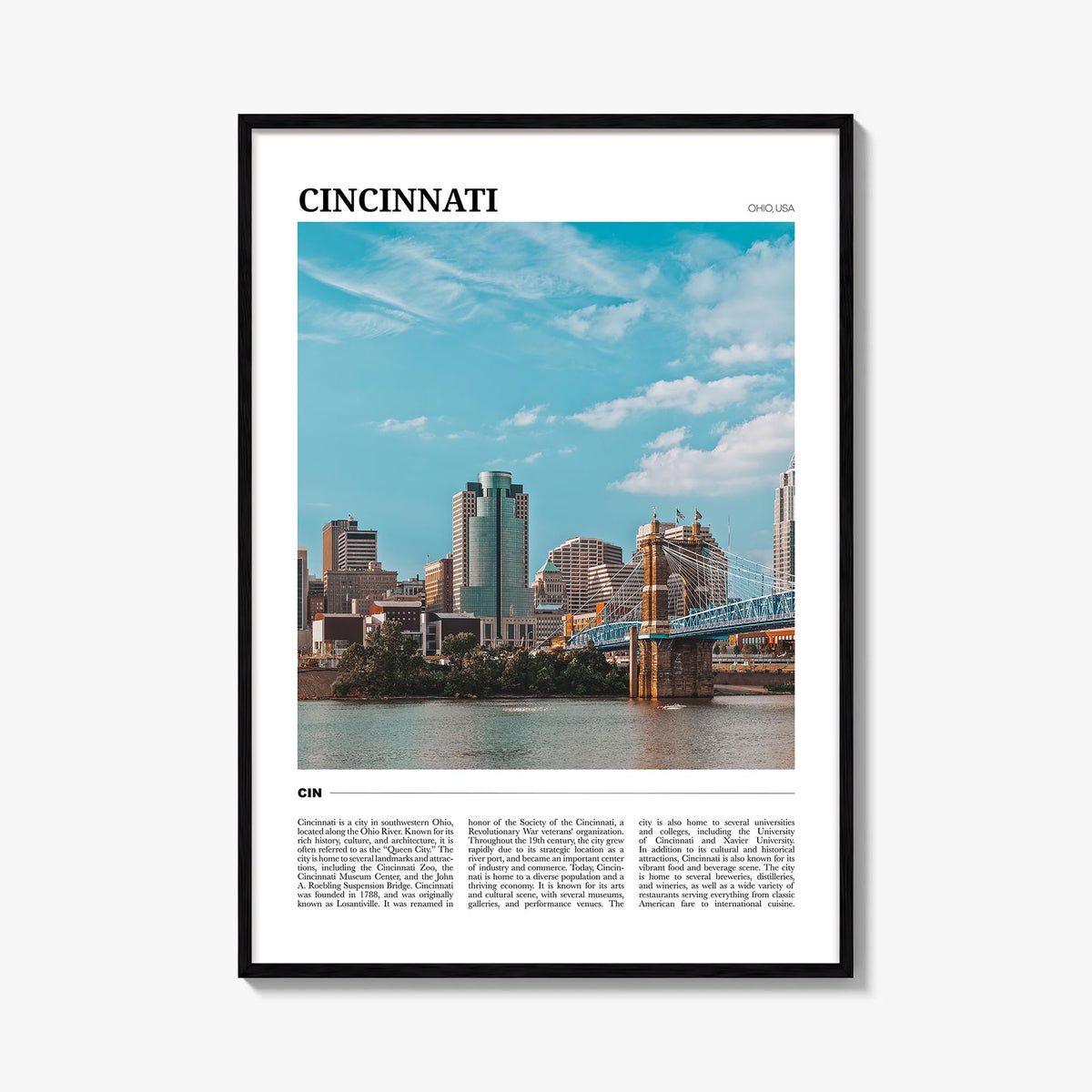 Cincinnati no. 2 colorful travel poster of Ohio, USA – vertical wall art, unframed print shown in interior mockup
