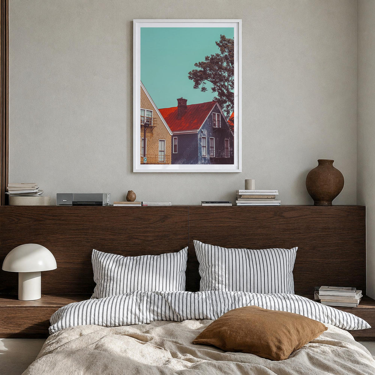 Cincinnati no. 3 colorful photo poster of Ohio, USA – vertical wall art in white wood frame with white border, hanging on wal