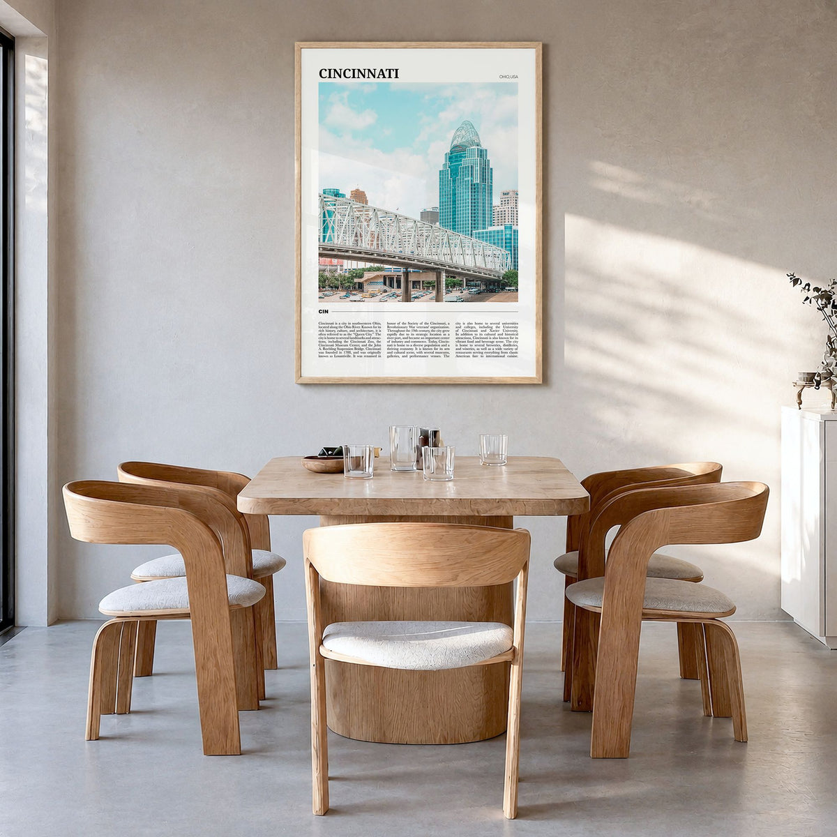 Cincinnati Travel No 1 Poster in a natural wood frame, hanging in a dining room