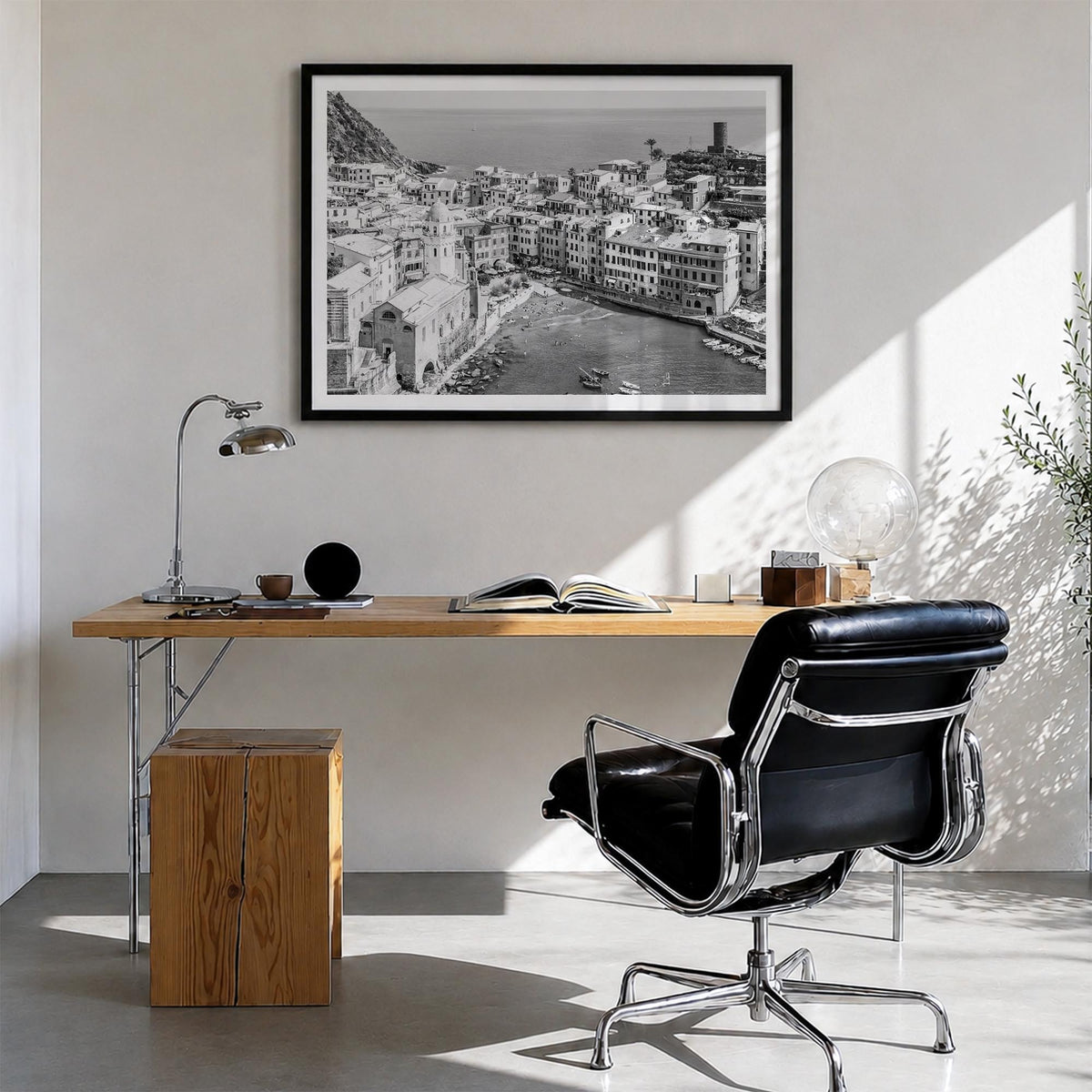 Cinque Terre black & white photo poster of Italy – horizontal wall art in black wood frame with white border, hanging on wall