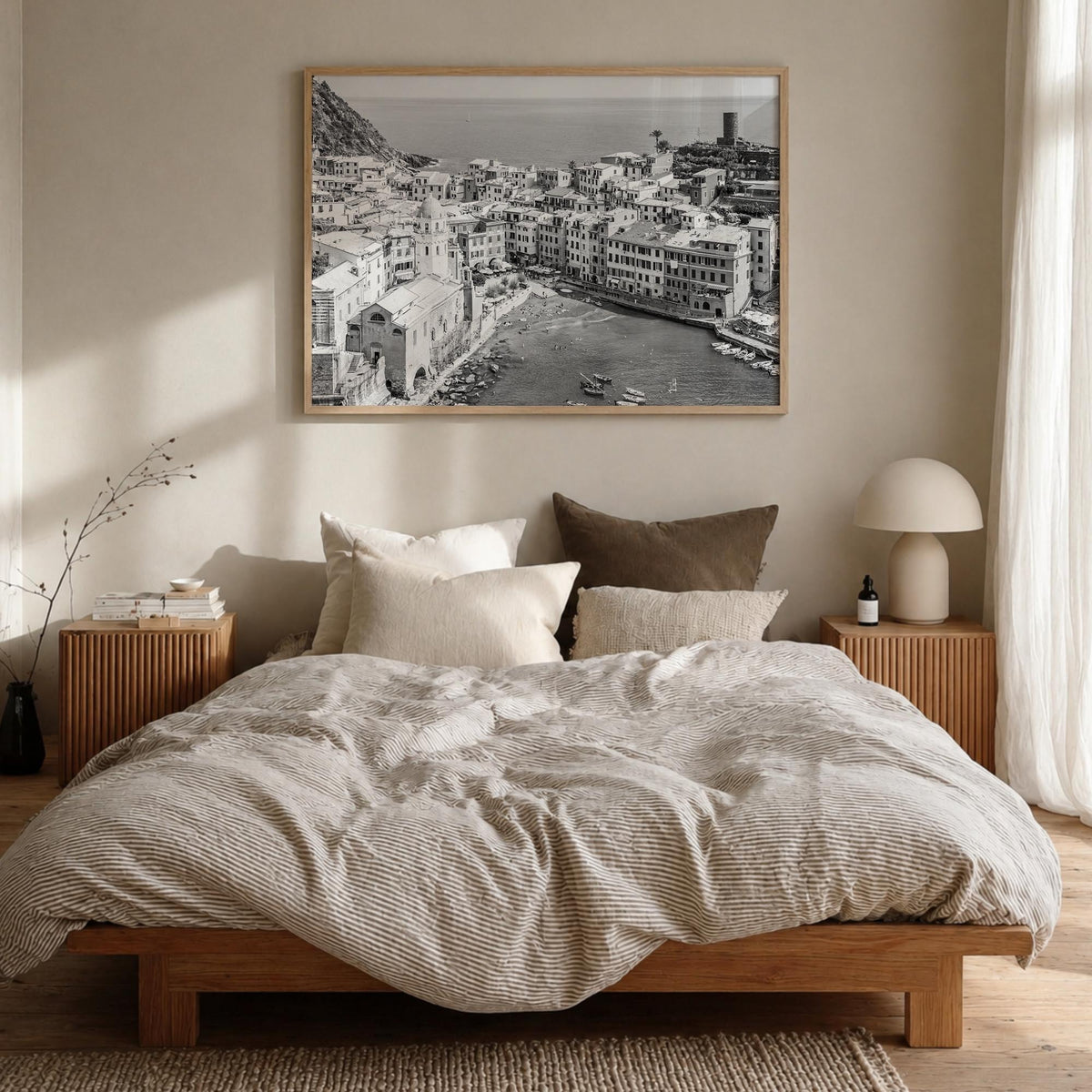 Cinque Terre black & white photo poster of Italy – horizontal wall art in natural wood frame, hanging on wall