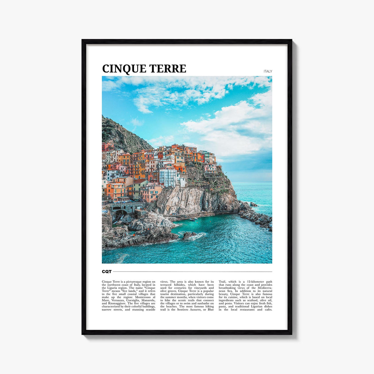 Cinque Terre colorful travel poster of Italy – vertical wall art, unframed print shown in interior mockup