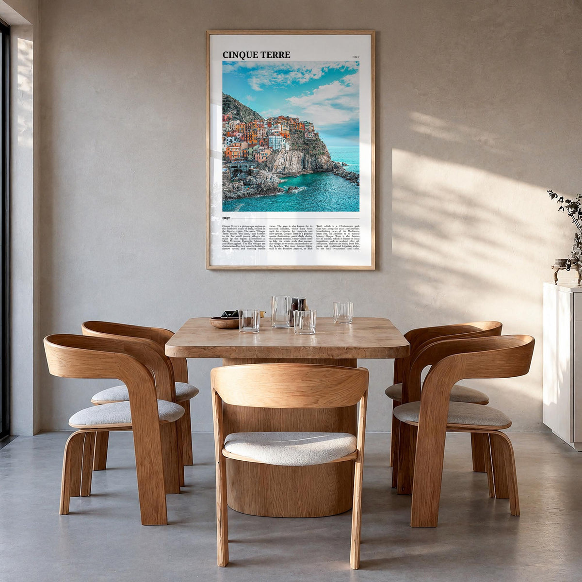 Cinque Terre colorful travel poster of Italy – vertical wall art in natural wood frame, hanging on wall