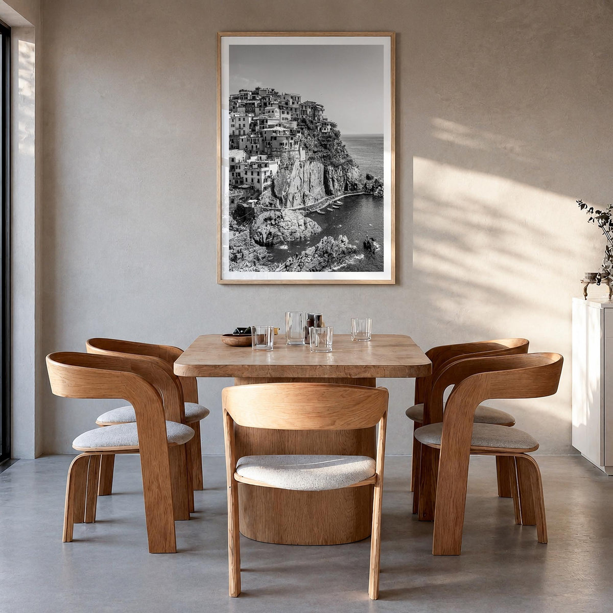 Cinque Terre no. 1 black & white photo poster of Italy – vertical wall art in natural wood frame with white border, hanging o