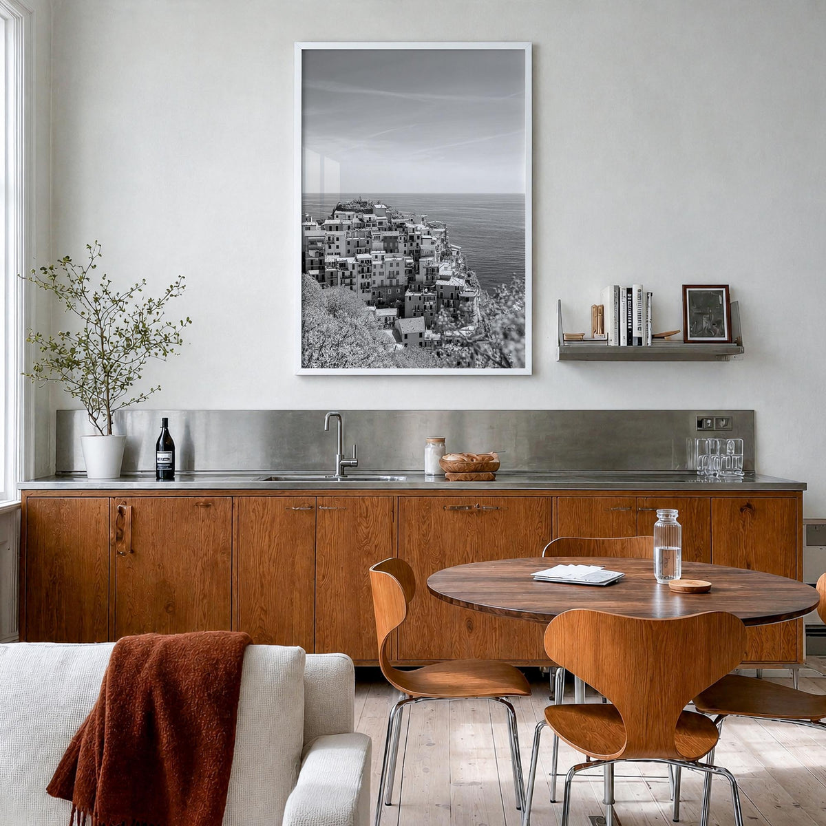 Cinque Terre no. 2 black & white photo poster of Italy – vertical wall art in white wood frame, hanging on wall