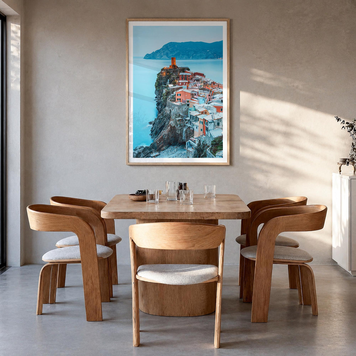 Cinque Terre no. 2 colorful photo poster of Italy – vertical wall art in natural wood frame with white border, hanging on wal