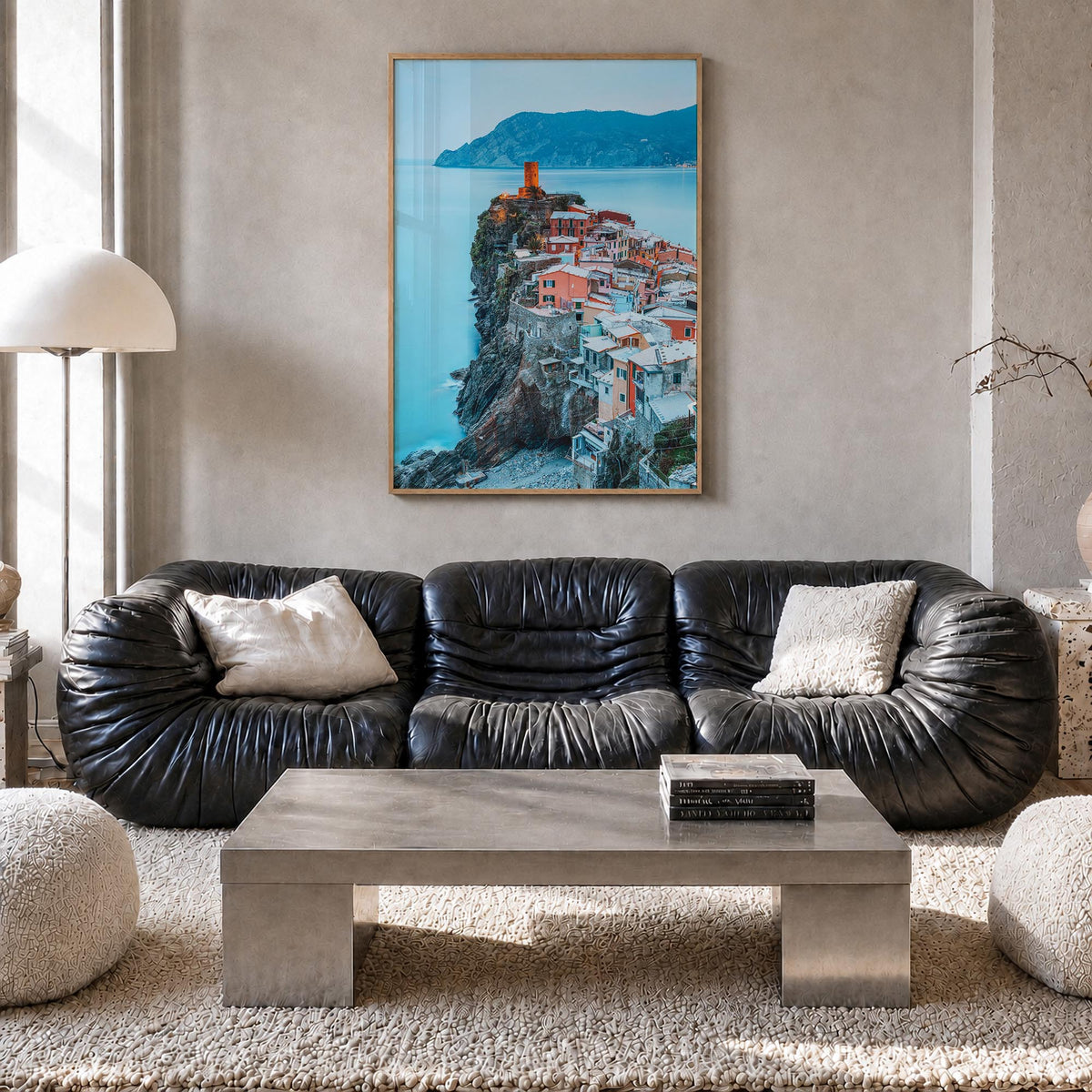 Cinque Terre no. 2 colorful photo poster of Italy – vertical wall art in natural wood frame, hanging on wall