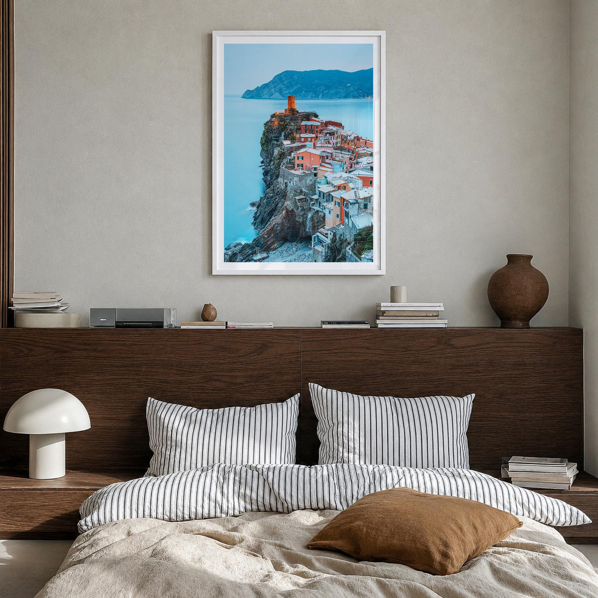 Cinque Terre no. 2 colorful photo poster of Italy – vertical wall art in white wood frame with white border, hanging on wall