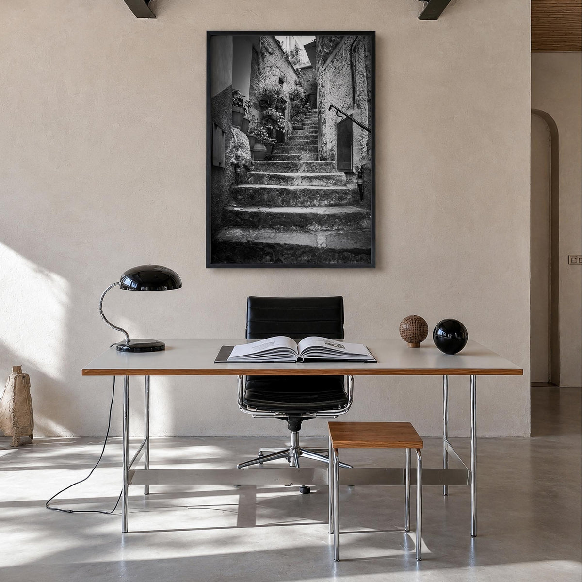 Cinque Terre no. 3 black & white photo poster of Italy – vertical wall art in black wood frame, hanging on wall