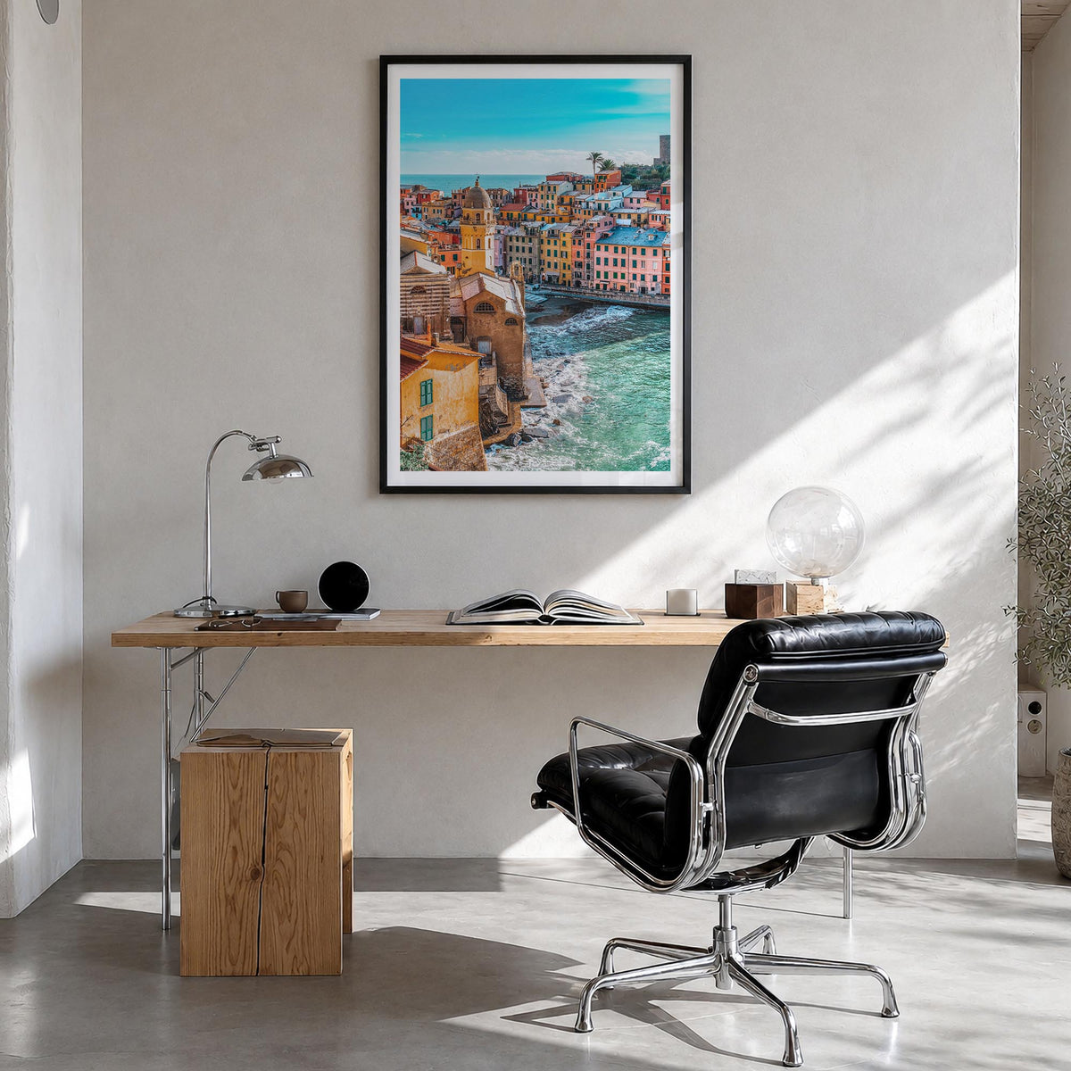 Cinque Terre no. 3 colorful photo poster of Italy – vertical wall art in black wood frame with white border, hanging on wall